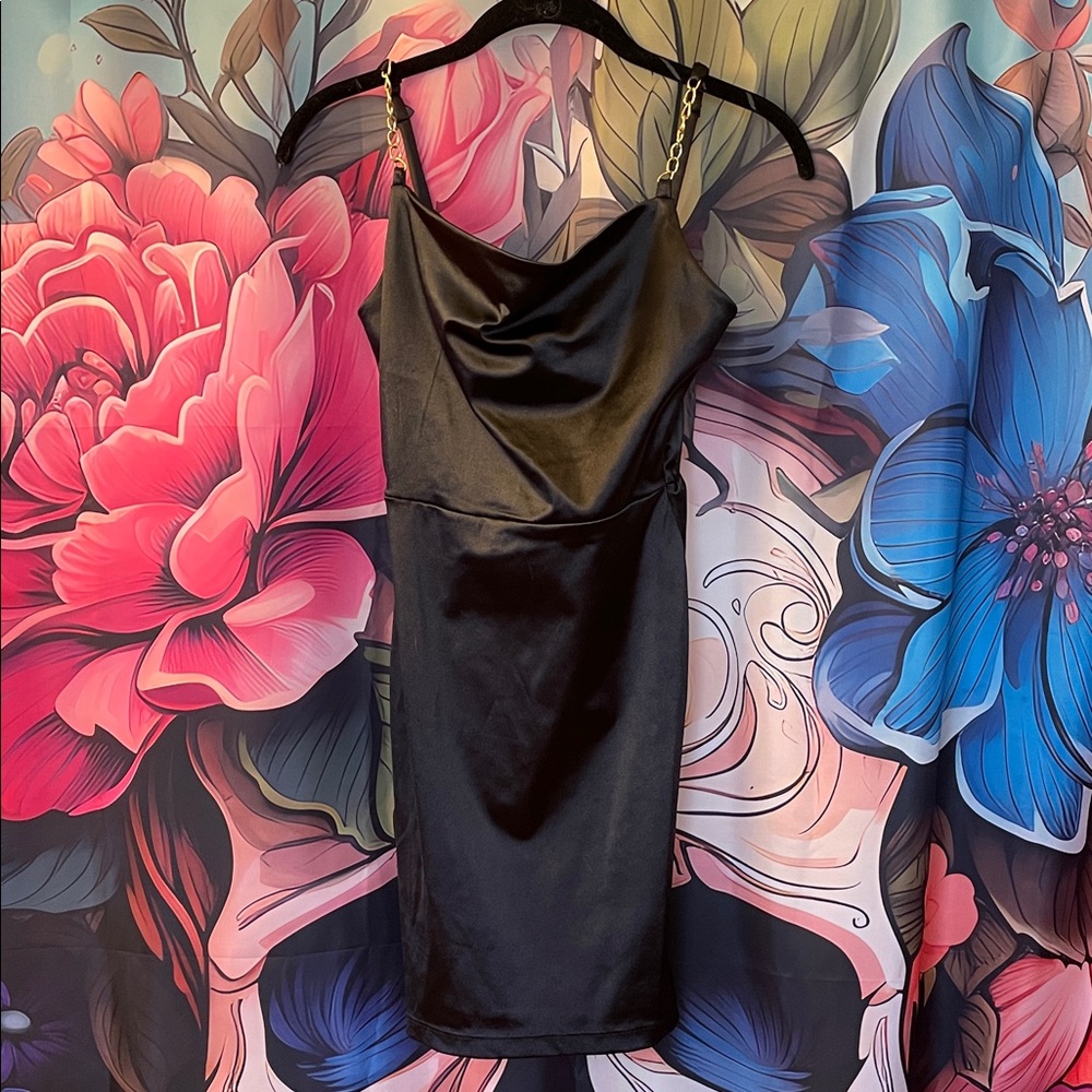 Planet Gold Black Mini Dress with Gold Chain Straps